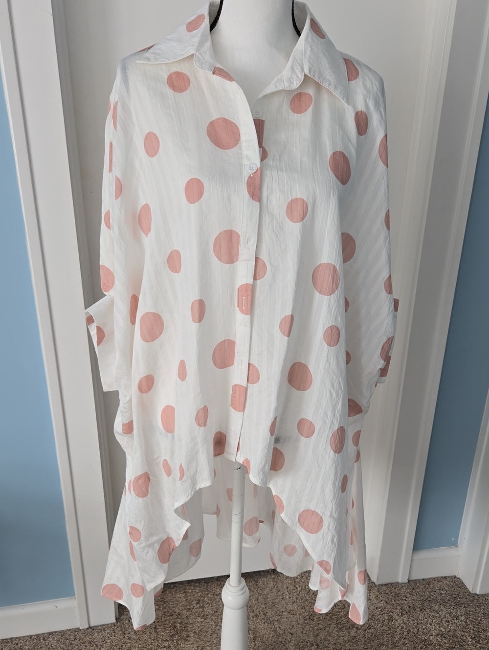 Patrizia Luca MILANO WHITE Tunic Blush Pink Polka Dots OVERSIZED  BEACH SHIRT